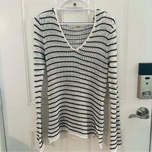 Roxy Hoodie Sweater Dress M | Blue White Stripe Open Knit Crochet V-Neck